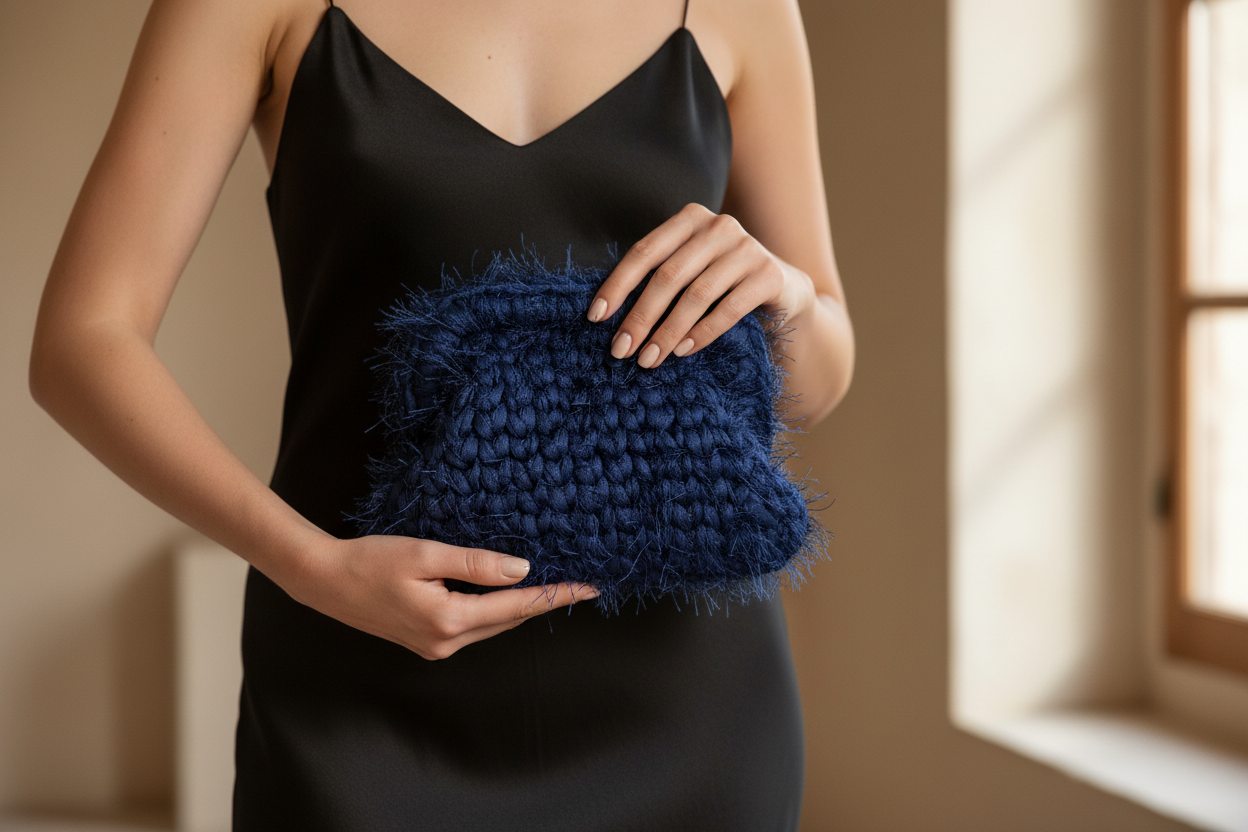 si ma ce un incongruenza nella borsa, borsa clutch chiusa , modella leggermente piu elegante